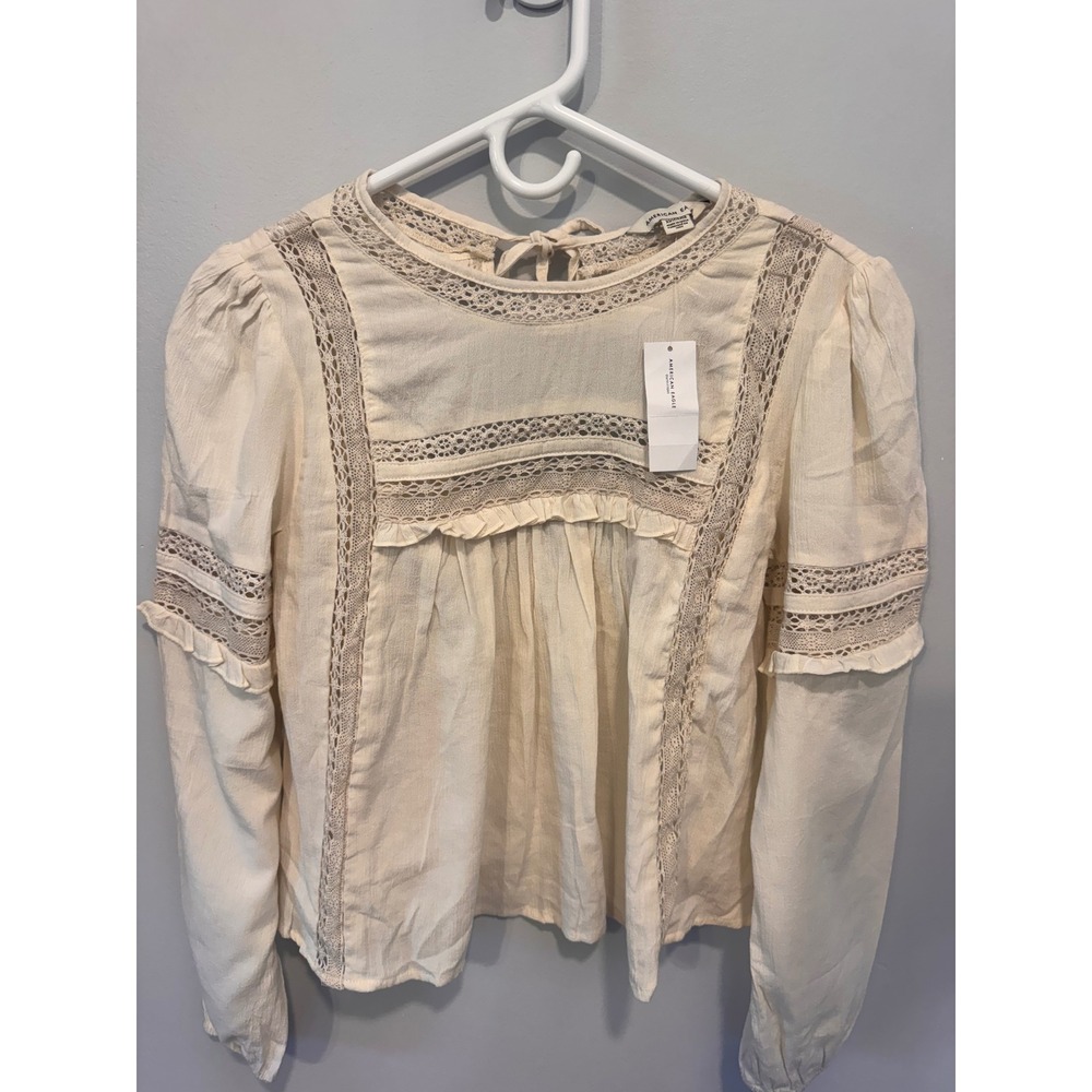 American Eagle Cream Lace Ruffle Boho Blouse NWT XS